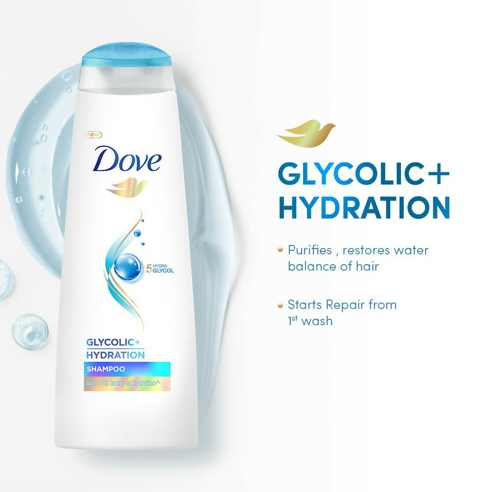 Dove Glycolic + Hydration Shampoo With 5% Hydra-Glycol For Upto 100 Hours Of Hydrated, Fluid Hair