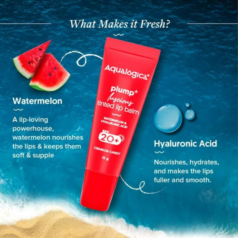 Aqualogica Crimson Candy Plump+ Luscious Tinted Lip Balm with Watermelon and Hyaluronic Acid, SPF 20+