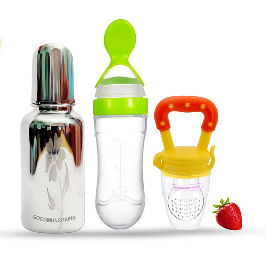 Buy Goodmunchkins Stainless Steel Feeding Bottle, Food Feeder & Fruit Feeder Combo for Baby-(Green-Yellow, 220ml) from DrMediCart, Ship from India to USA