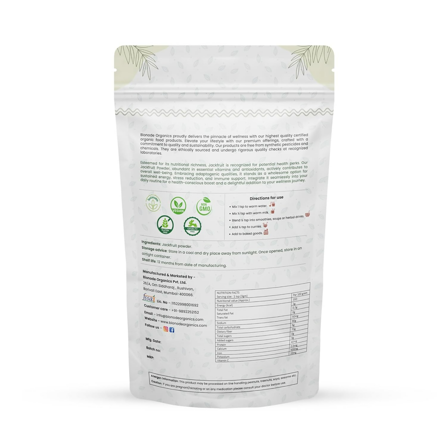 Bionode Organics Jackfruit Powder Gluten Free Pure Anti Pimple Powder