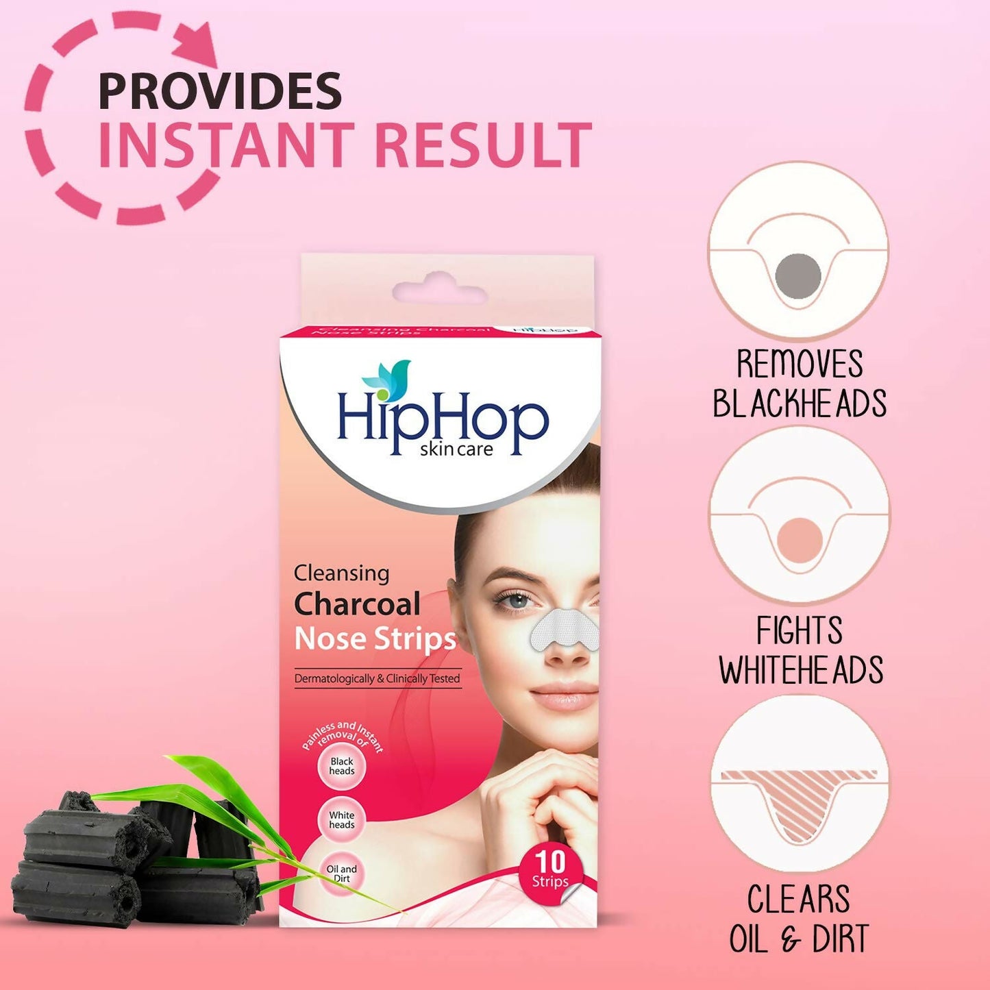 HipHop Skin Care Cleansing Charcoal Nose Strips For Blackheads, Whiteheads Remover, Pore Cleanser, with Natural Extracts