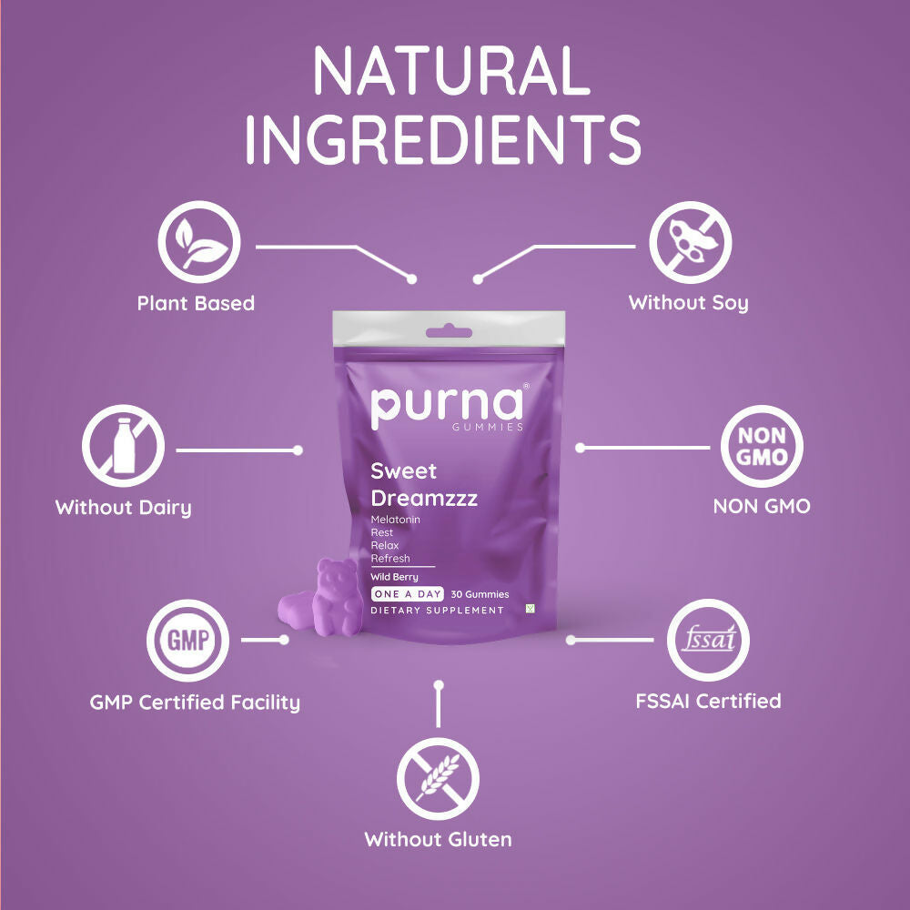 Purna Gummies Melatonin Wild Berry Flavour Gummies for Sleep Well & Reduced Stress