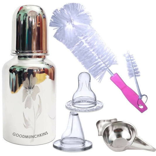 Buy Goodmunchkins Stainless Steel Feeding Bottle with Bottle Cleaning Brush/Chakku/Anti Colic Silicone Nipple Combo-(150ml,Pink) from DrMediCart, Ship from India to USA