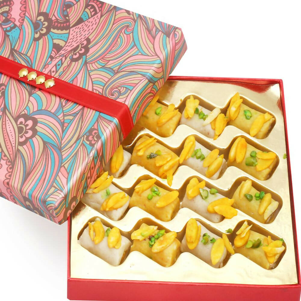Ghasitaram Mini Assorted Kaju Rolls in Pink Box