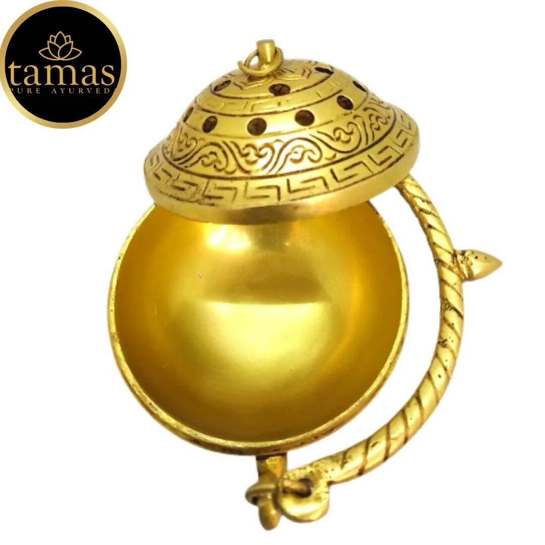 Tamas Brass Small Dhoop Burner with Handle and Lid (Golden)