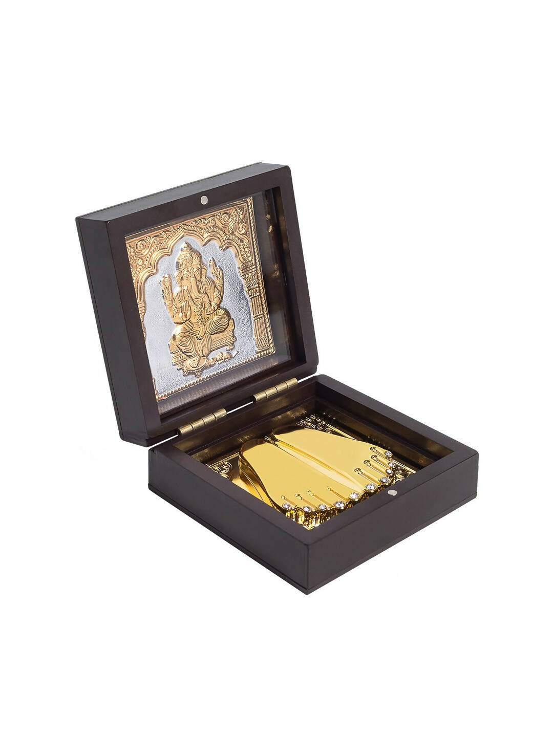 Golden Peacock Brown Wooden Ganesha Prayer Box
