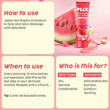 Plix Watermelon SPF PA++++ 50 Protect & Hydrate 2 In 1 Moisturizer + Sunscreen