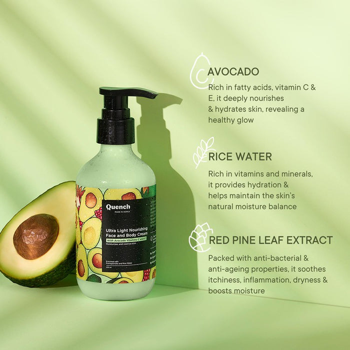 Quench Botanics Bravocado Ultra Light Nourishing Face and Body Cream, Korean Skin Care