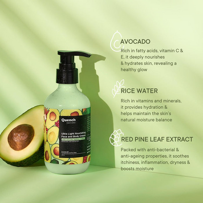 Quench Botanics Bravocado Ultra Light Nourishing Face and Body Cream, Korean Skin Care