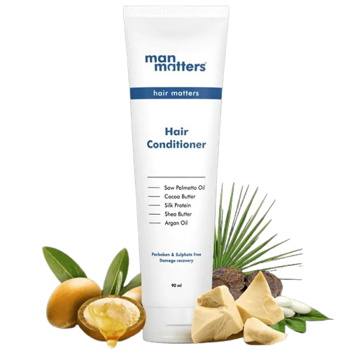 Man Matters Hair Conditioner For Men With Silk protein, Shea butter, Argan Oil, Cocoa Butter, & Saw Palmetto Oil.