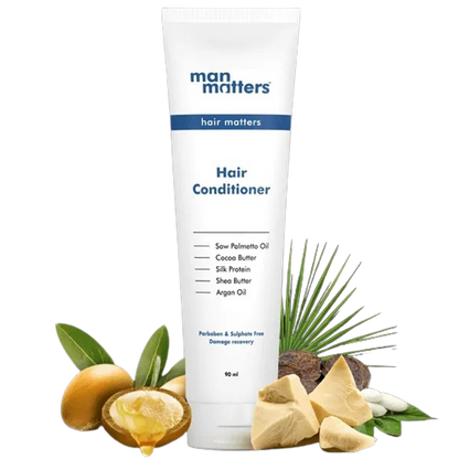Man Matters Hair Conditioner For Men With Silk protein, Shea butter, Argan Oil, Cocoa Butter, & Saw Palmetto Oil.
