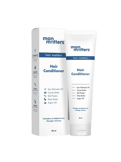Man Matters Hair Conditioner For Men With Silk protein, Shea butter, Argan Oil, Cocoa Butter, & Saw Palmetto Oil.
