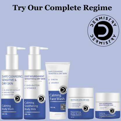 Dermistry Sensitive & Dry Skin Care Calming Soothing Body Wash Safe Soap Free Cleanser Blue Berry