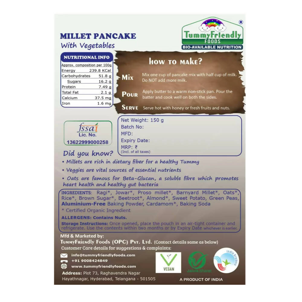 TummyFriendly Foods Millet Pancake Mix - Veggies, Dates, Nuts - Drmedicart