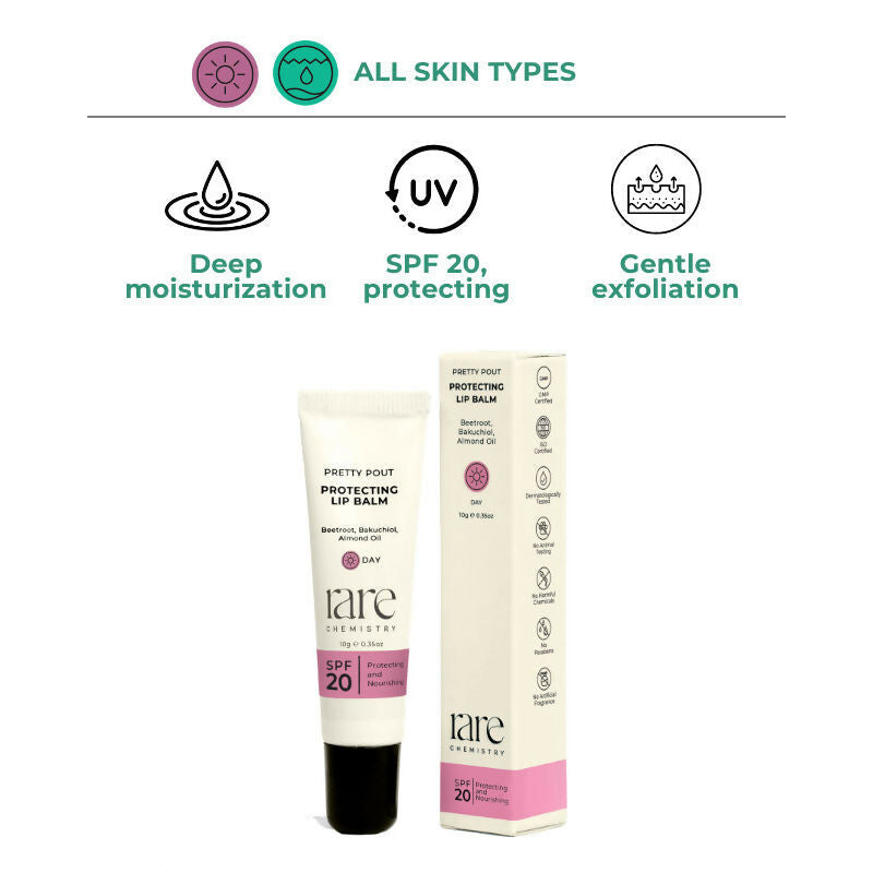 Rare Chemistry Pretty Pout Protecting Day Lip Balm, SPF 20, Beetroot Almond Oil, Moisturising