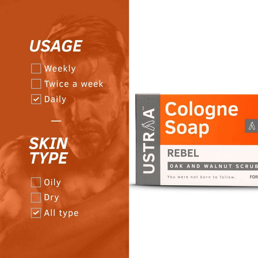 Ustraa Rebel Cologne Soap with Oak & Walnut, Triple-milled Soap, Mild Exfoliation with Walnut Granules