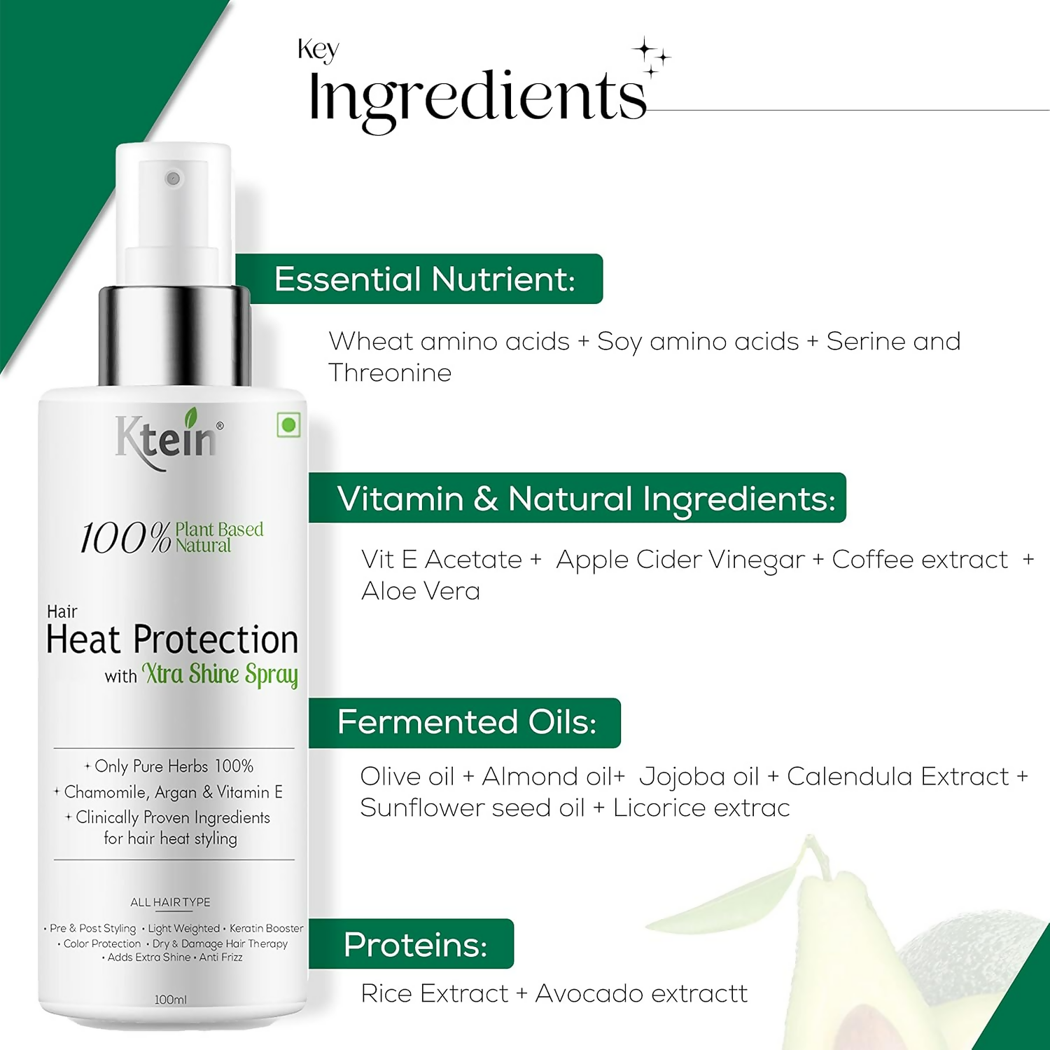 Ktein 100% Plant Based Hair Heat Protection Spray With Extra Shine Chamomile Argan And Vitamin E