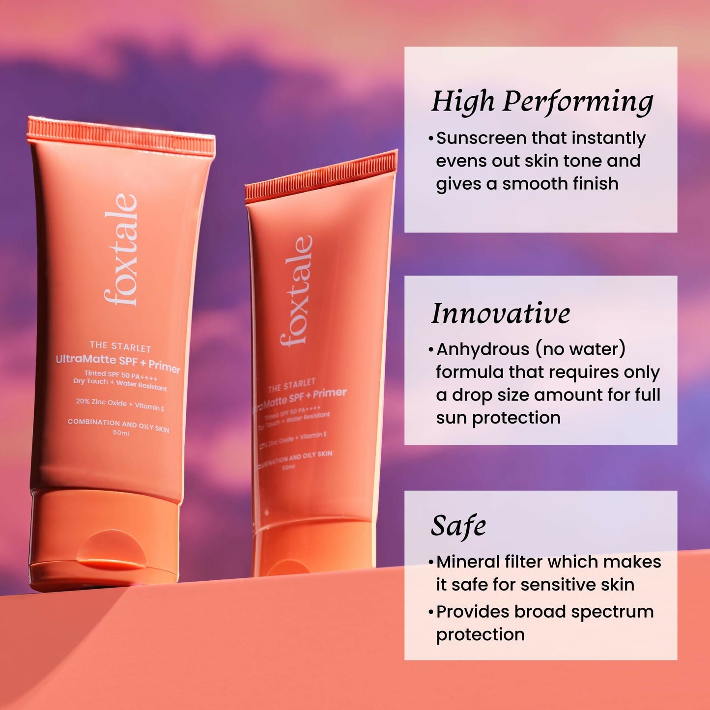 Foxtale Tinted Sunscreen SPF 50 PA++++ & Primer Shade 3 - Light, Water Resistant with Dry-Touch Finish, Blurs Out Pores