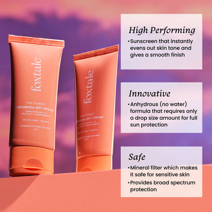 Foxtale Tinted Sunscreen SPF 50 PA++++ & Primer Shade 3 - Light, Water Resistant with Dry-Touch Finish, Blurs Out Pores