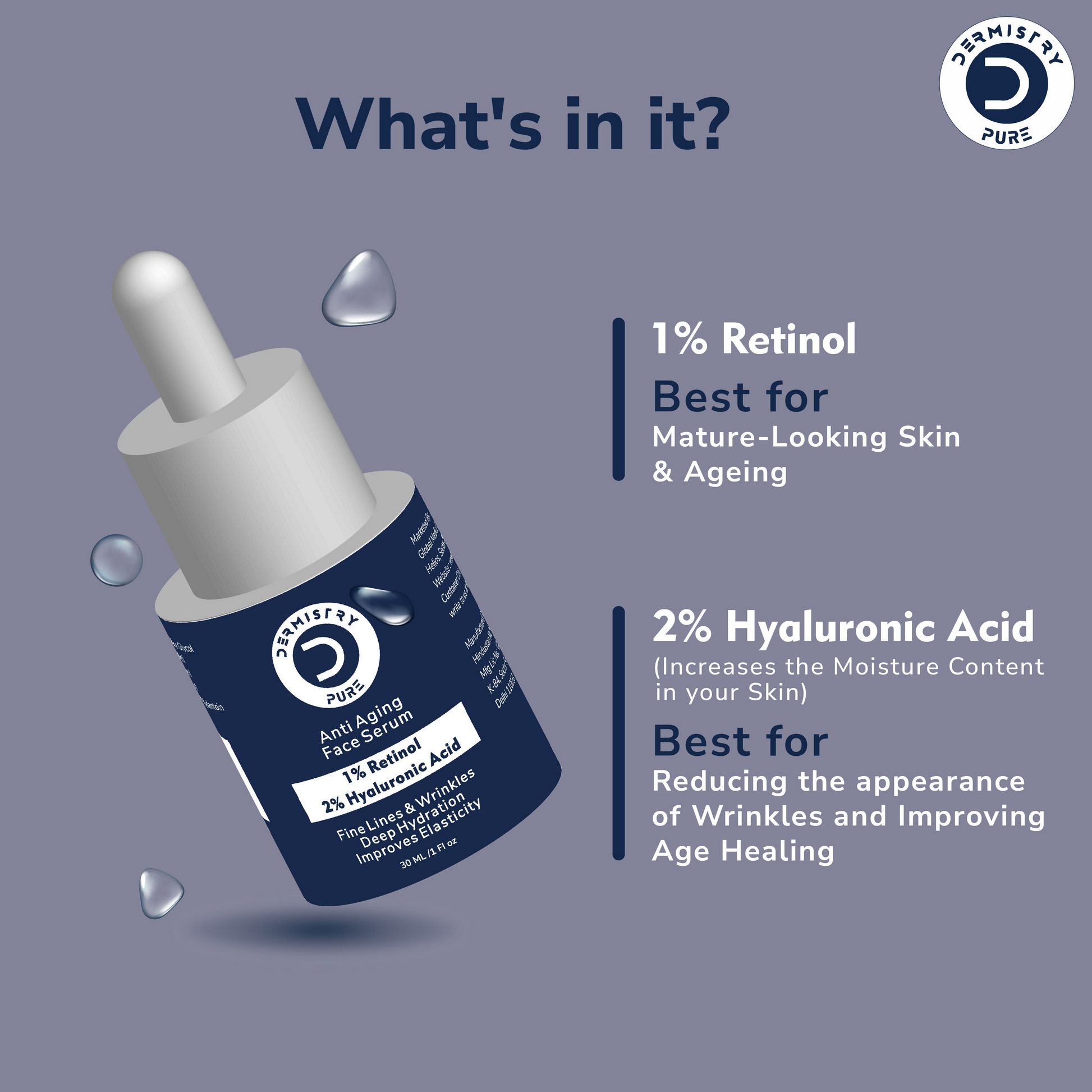 Dermistry 1% Retinol Hyaluronic Anti Aging Night Moisturizer Face Serum For Ageing Lines & Wrinkles