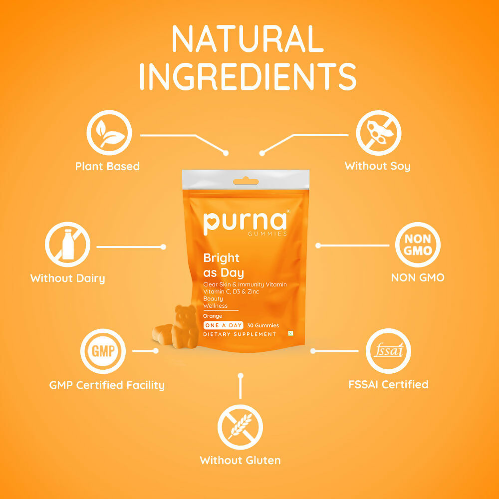Purna Gummies Vitamin C Orange Gummies with Vitamin D3, and Zinc for Immunity & Clear Skin