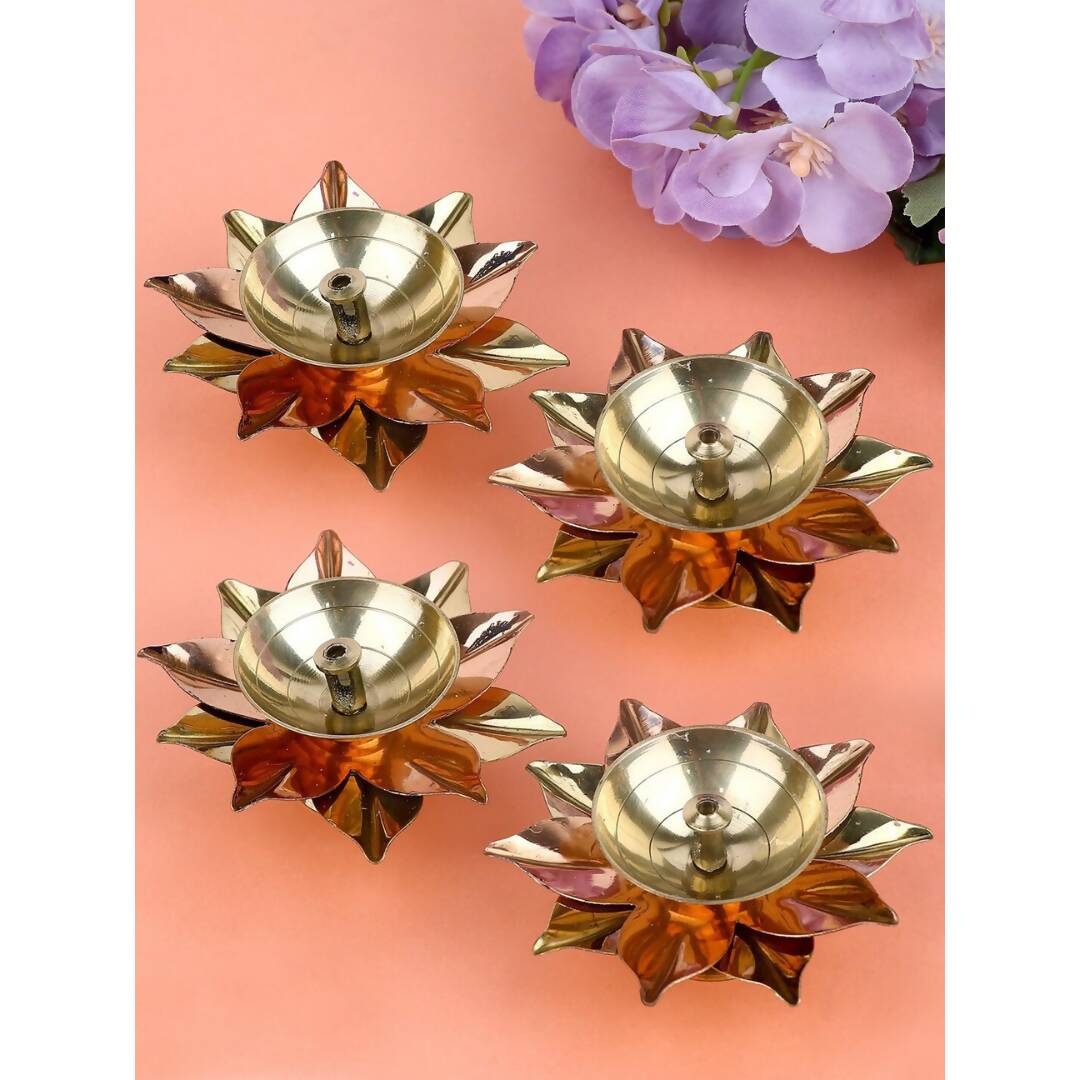 Buy Tied Ribbons Gold-toned & Rose Gold-Toned 4 Pieces Antique Lotus Akhand Brass Diyas
