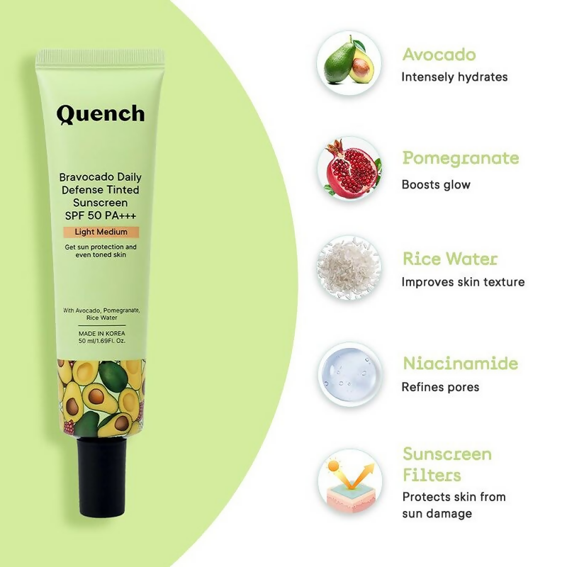 Quench Vitamin E Tinted SPF 50 Sunscreen PA+++ with both Mineral & Chemical Actives (Light Medium)