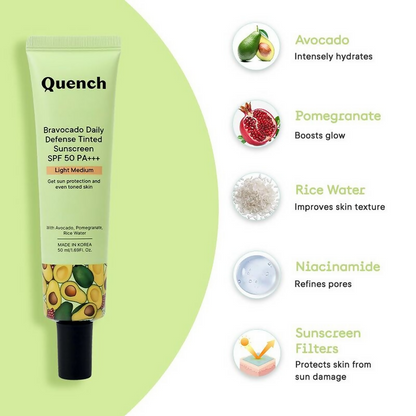 Quench Vitamin E Tinted SPF 50 Sunscreen PA+++ with both Mineral & Chemical Actives (Light Medium)