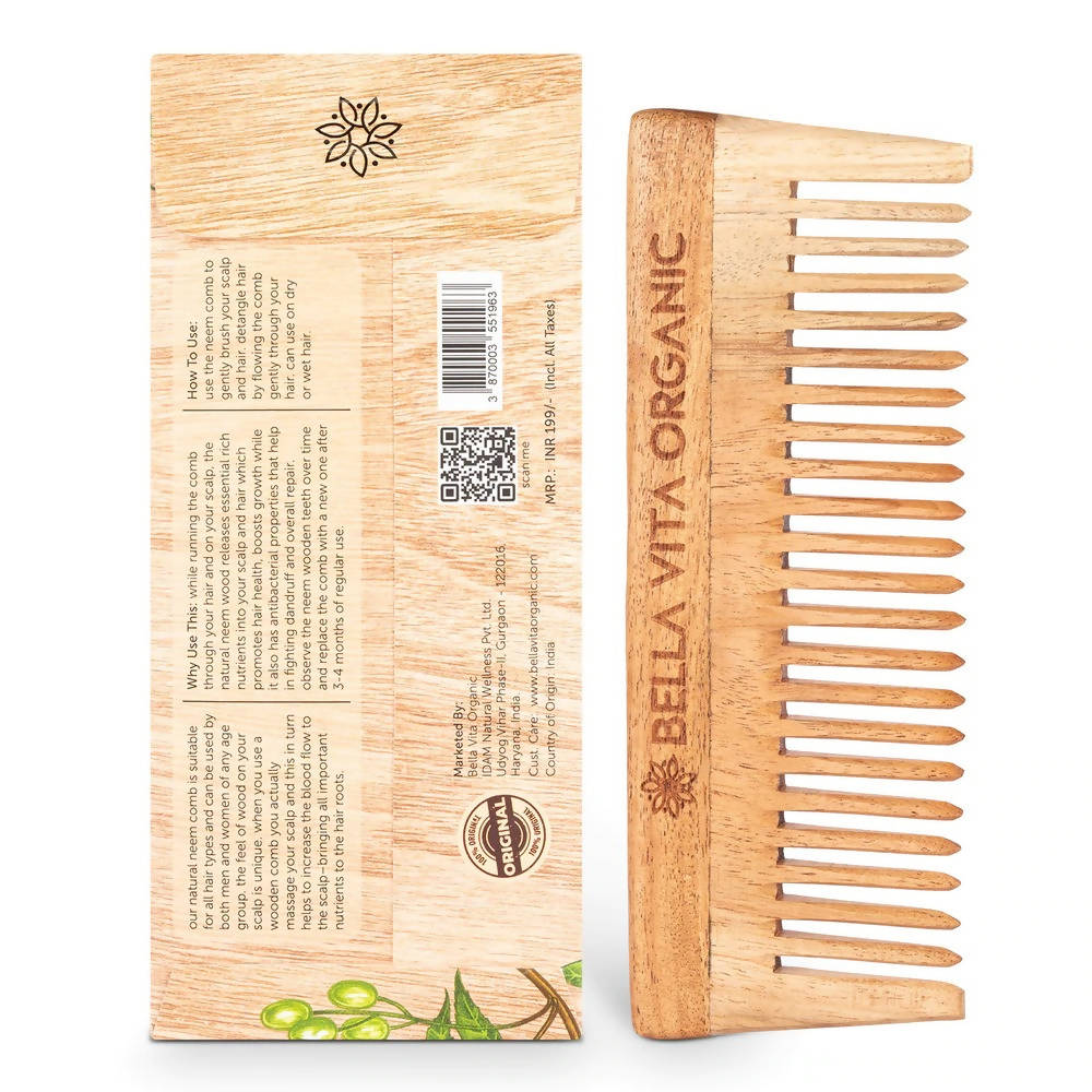 Bella Vita Organic Wide Teeth Wooden Comb for Detangled Hair