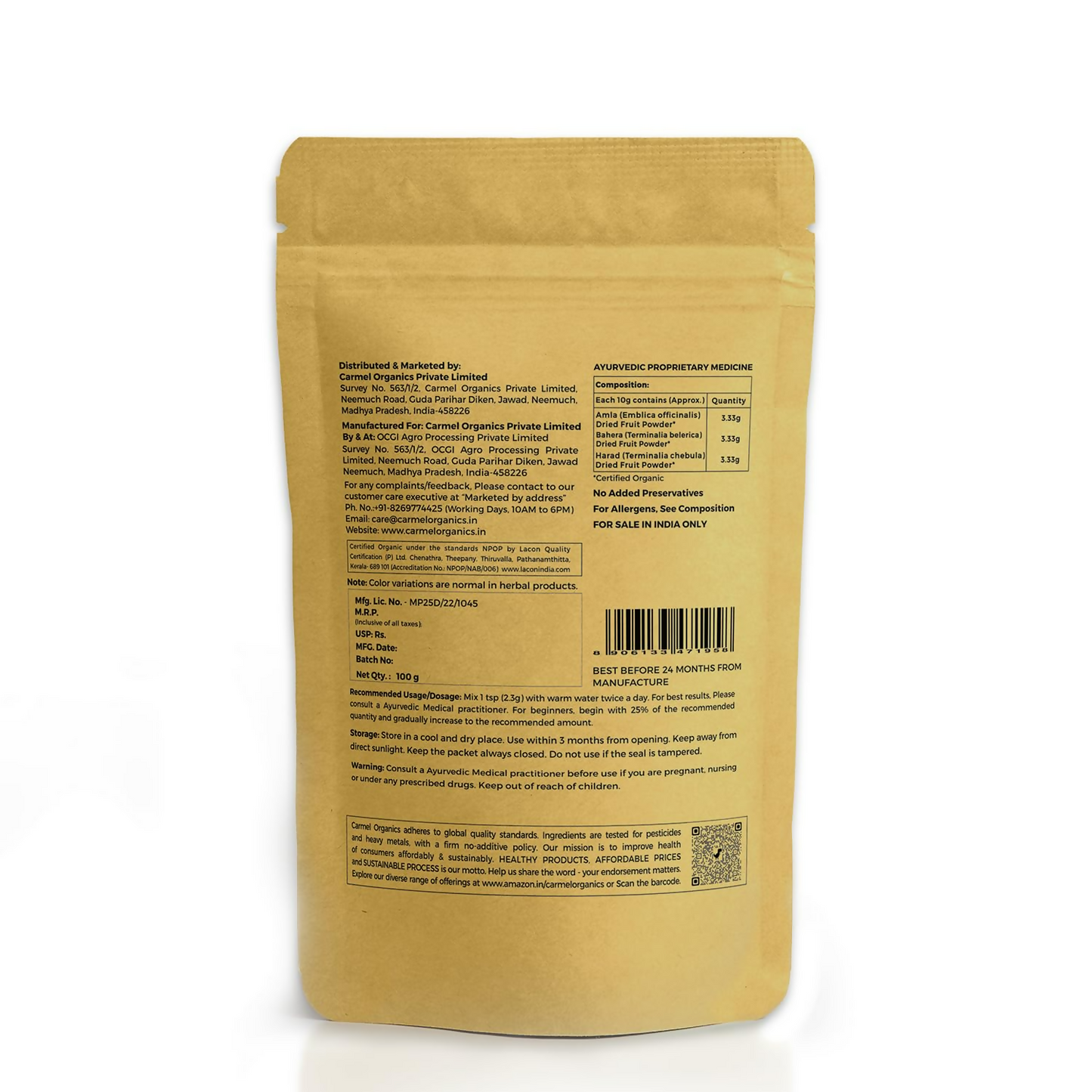 Carmel Organics Triphala Fruits Powder