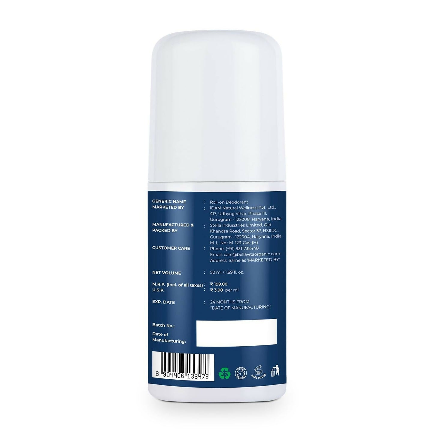 Bella Vita Deo White Natural Underarm Roll On Deodorant for Men