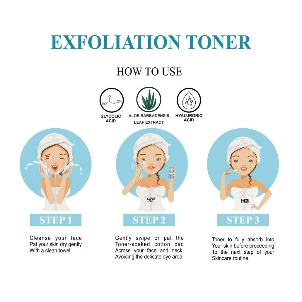 Love Earth Exfoliation Toner Infused With Glycolic Acid, Mandelic Acid, Lactic Acid, Hyaluronic Acid