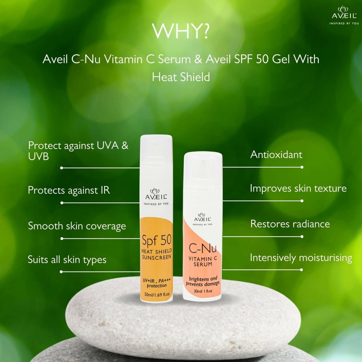Aveil Heat Shield SPF 50 Gel Sunscreen & C-Nu Vitamin C Face Serum Combo