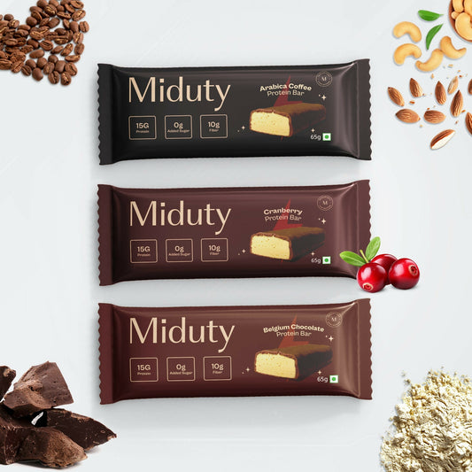 Buy Miduty by Palak Notes Protein Bars Combo (Belgium Chocolate, Arabica Coffee and Cranberry) from DrMediCart