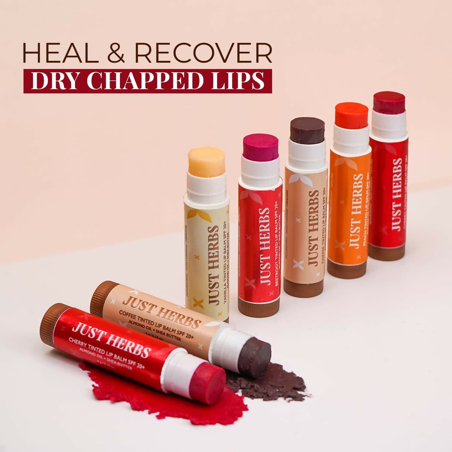 Just Herbs Peach Tinted Lip Balm with SPF 20+ for Dark Lips to Lighten