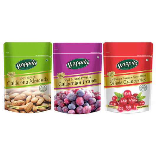 Buy Happilo Premium Dry Fruits Combo (Californian Almonds, Prunes, Cranberries) from DrMediCart, Ship from India to USA