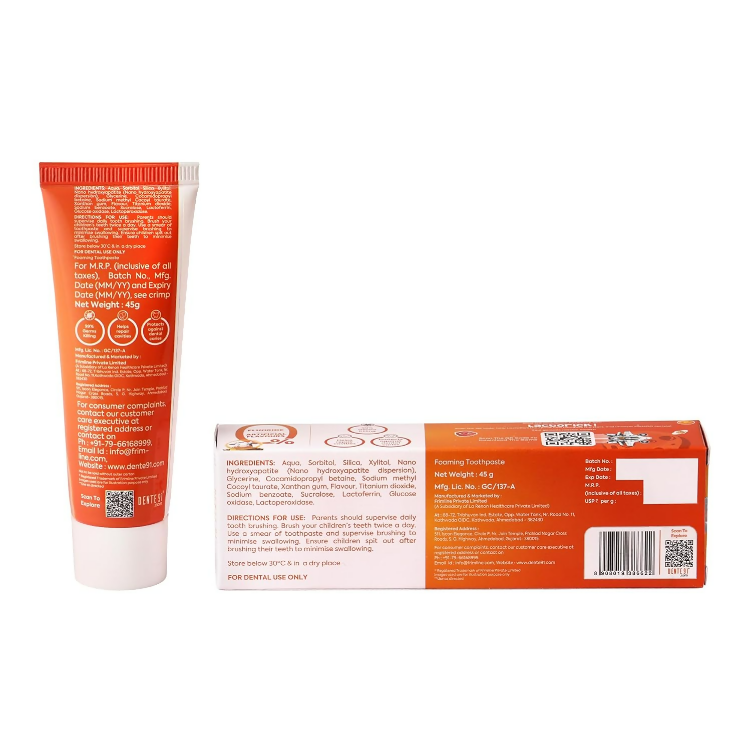 Dente91 Kids Toothpaste Protects Against Dental Caries & Hypersensitivity Fluoride Free, Mango Flavour