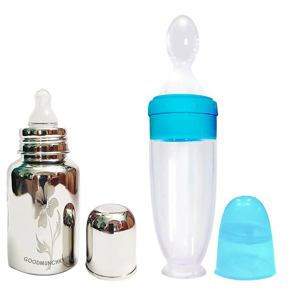 Goodmunchkins Stainless Steel Feeding Bottle for Baby Anti Colic Silicon Nipple Feeder 150 ml Combo Pack-Blue