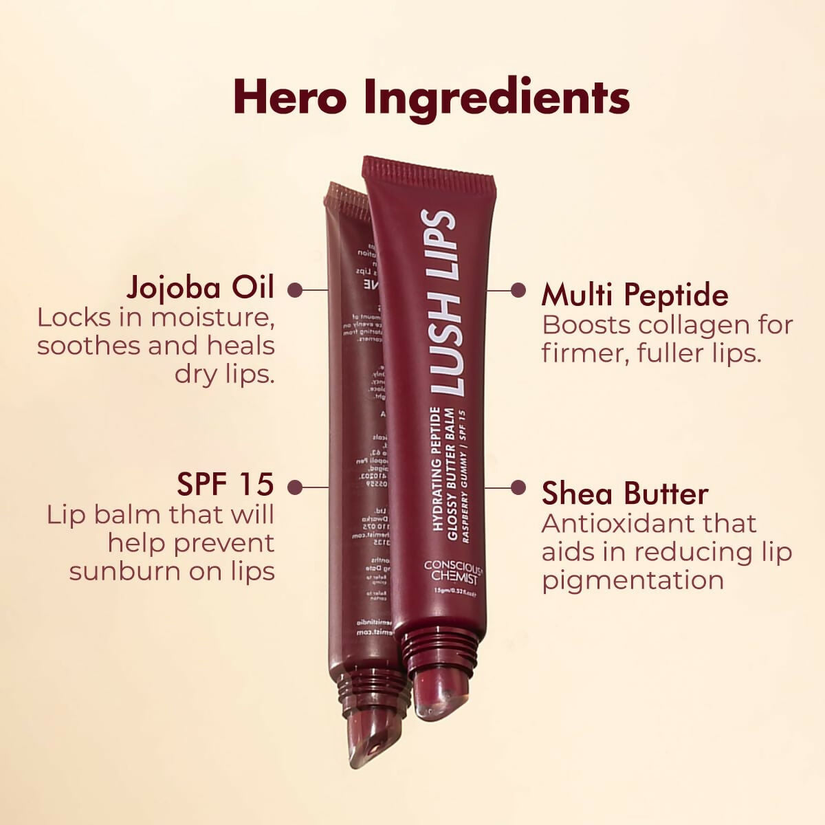 Conscious Chemist Peptide Lip Balm, Lush Lips with SPF15 - Raspberry Gummy