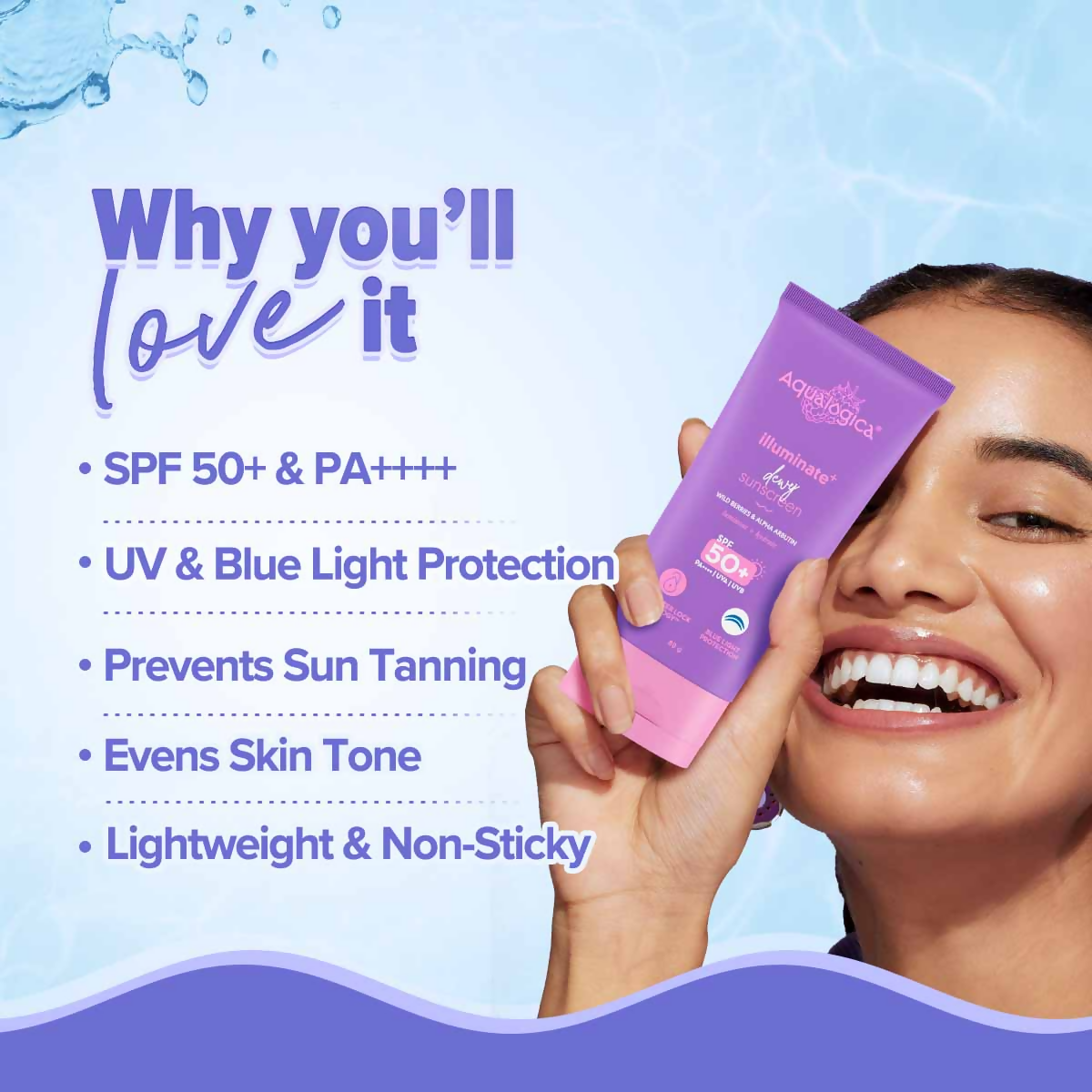 Aqualogica IIIuminate + Dewy Sunscreen SPF 50 PA++++ UVA/B & Blue Light Protection No White