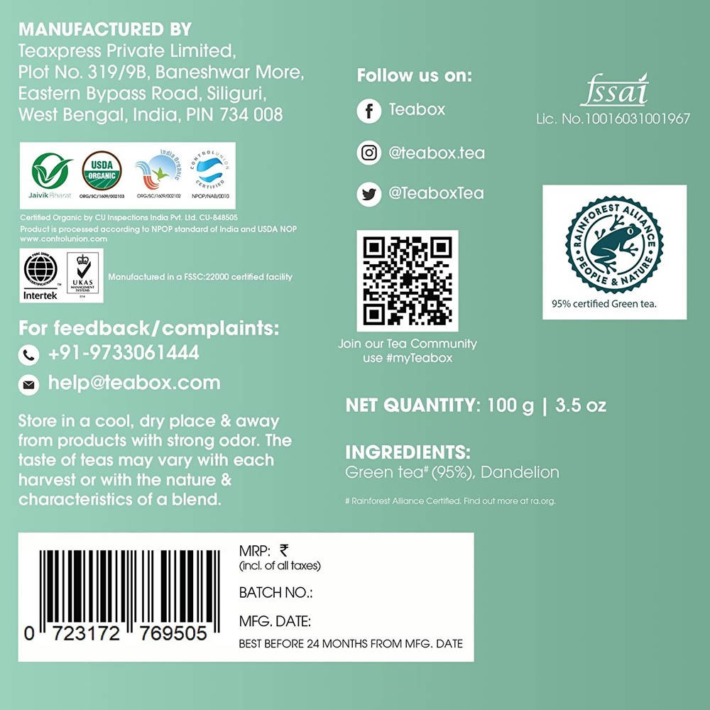 Teabox Organic Dandelion Green Tea Loose Leaves - Drmedicart