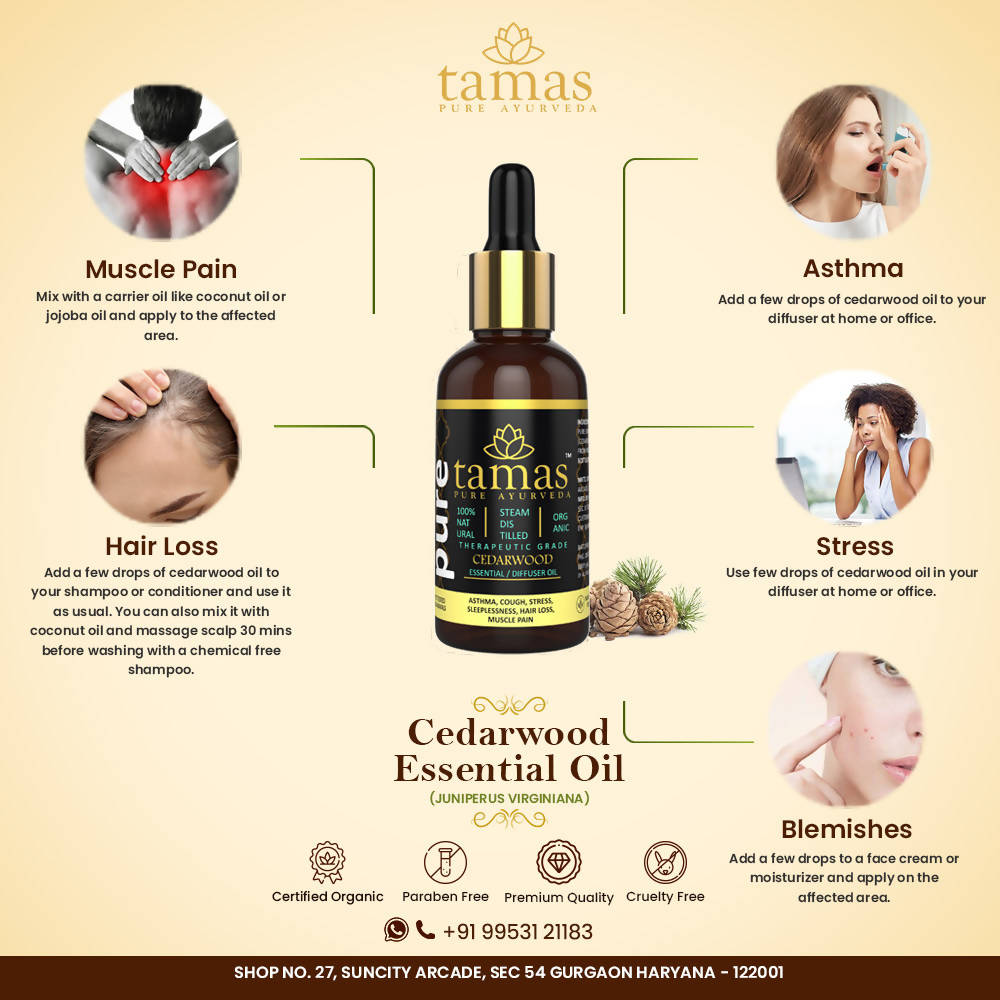 Tamas Pure Ayurveda 100% Organic Cedarwood Essential Oil - USDA Certified Organic