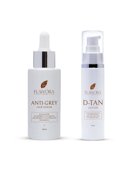 Flawora Anti-Grey Hair Serum For Reversing Grey Hair & D-Tan Lotion For Pigmentation Tan Removal 
