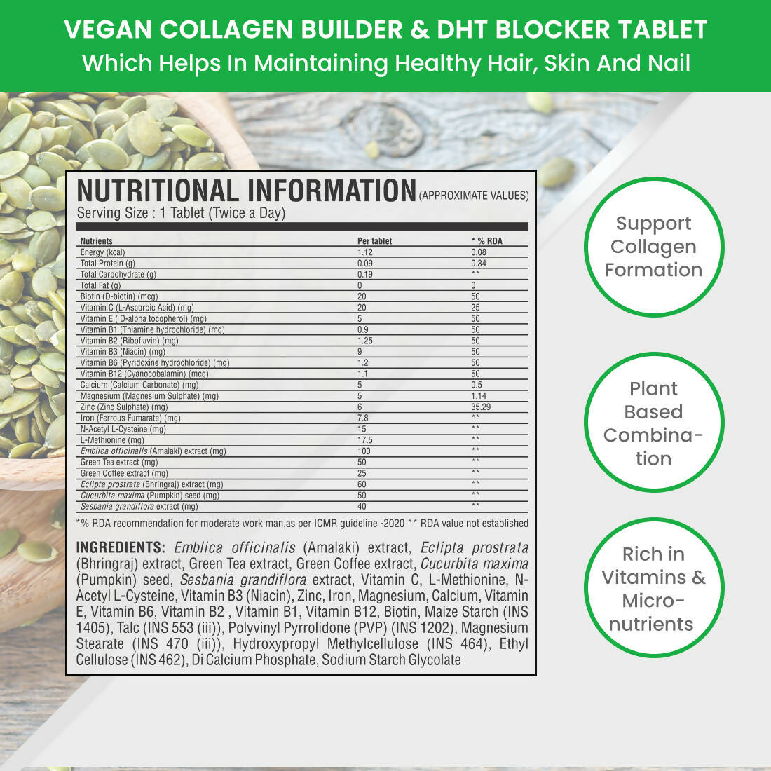 Vasu Healthcare Nutra Vegan Collagen Builder & DHT Blocker Tablets - Drmedicart