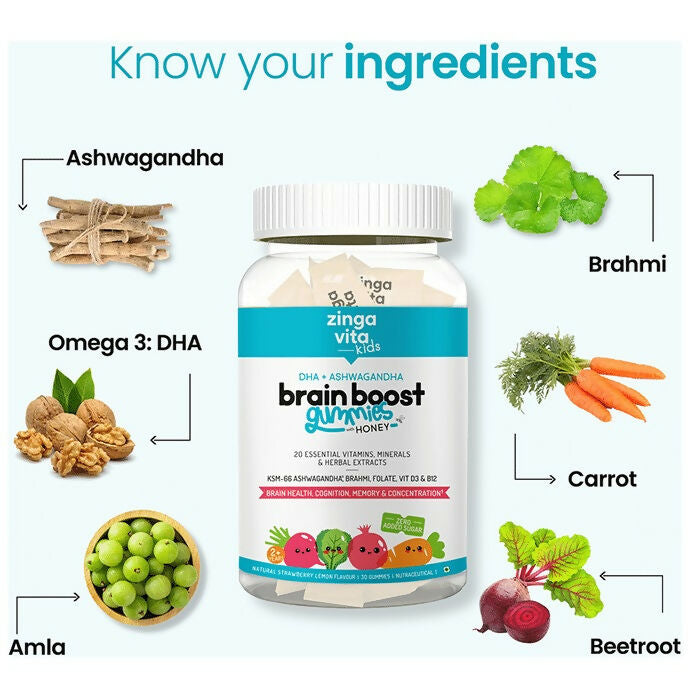 Buy Zingavita DHA Brain Boost Gummies for Kids (2+ yrs) Strawberry Lemon Flavor from DrMediCart, Ship from India to USA