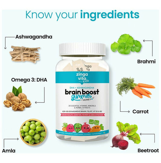 Buy Zingavita DHA Brain Boost Gummies for Kids (2+ yrs) Strawberry Lemon Flavor from DrMediCart, Ship from India to USA