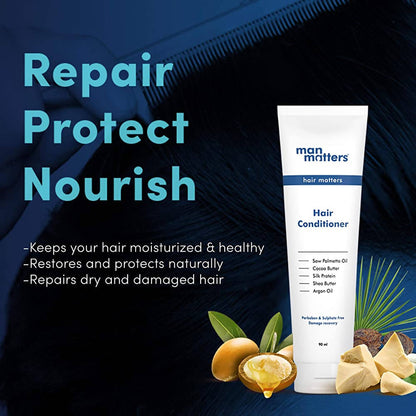 Man Matters Hair Conditioner For Men With Silk protein, Shea butter, Argan Oil, Cocoa Butter, & Saw Palmetto Oil.