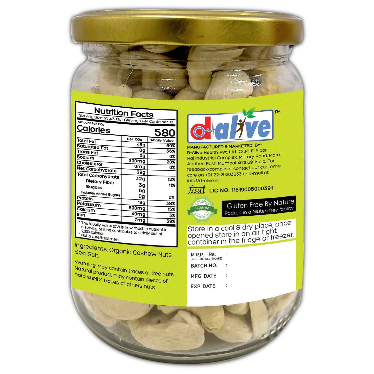 D-Alive Honestly Organic Activated Cashews - Drmedicart