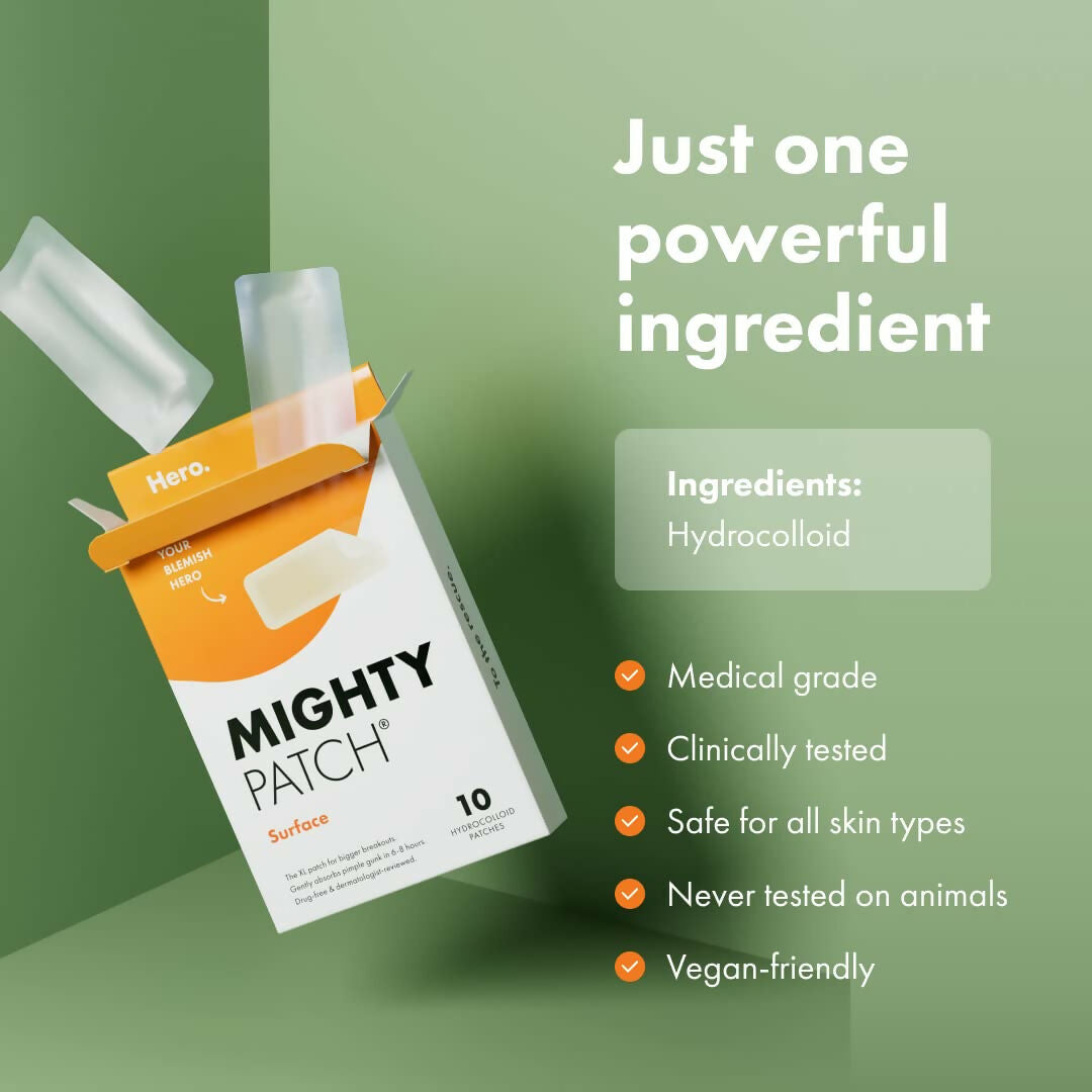 Mighty Patch Surface - Hydrocolloid Large Acne Pimple Patches Spot Treatment for Body and Larger Breakouts on Cheek, Forehead, Chin
