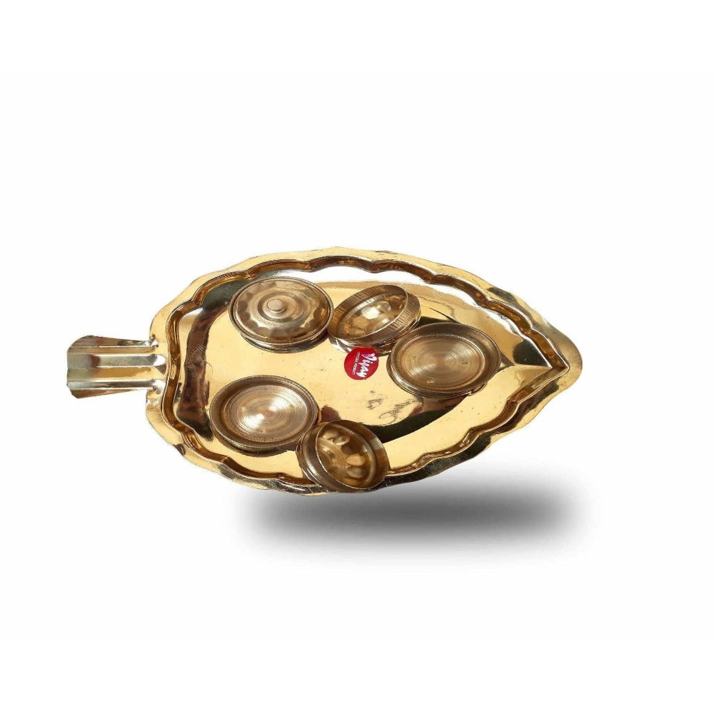 Leaf Shape Brass Tray with Haldi Boxes